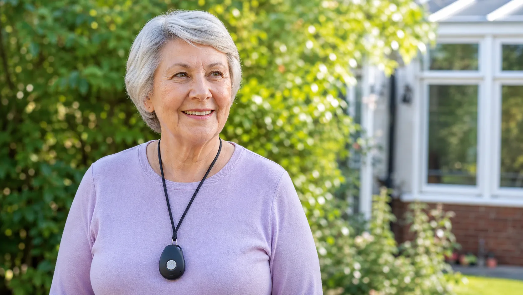 Older woman wearing a black Footprint GPS personal alarm around her neck