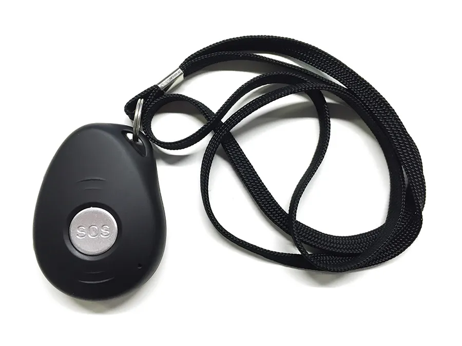 Black Footprint personal alarm with its wearable lanyard