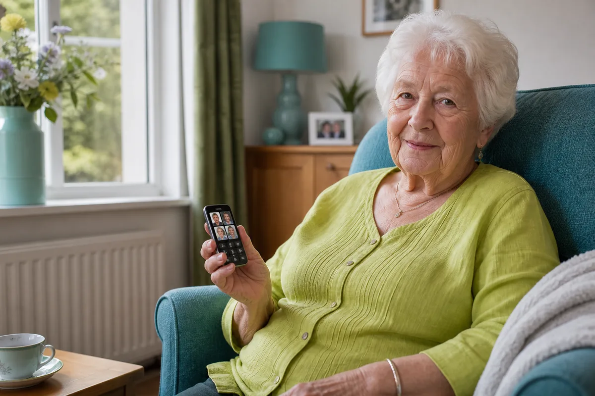 Older woman confidently using a simple mobile phone at home