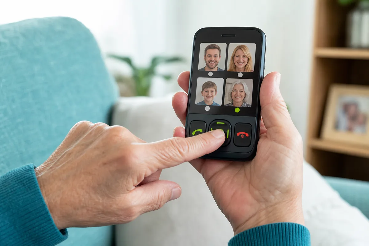 Hands pressing a family photograph button on a simple mobile phone