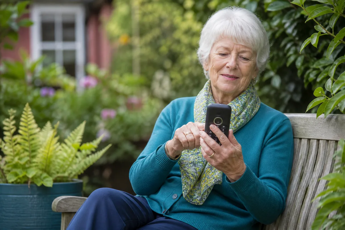 Family carer viewing an agreed location message while an older relative gardens