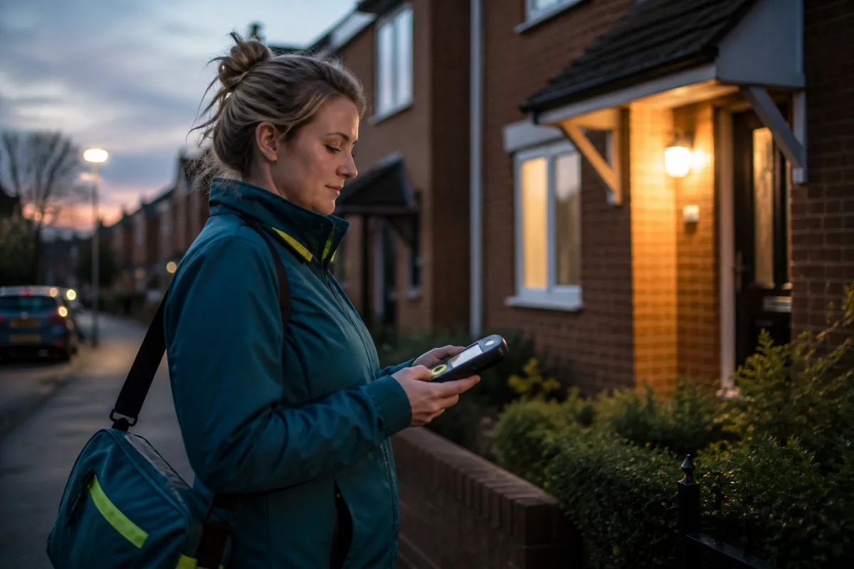 Community lone worker checking a wearable safety device before a home visit